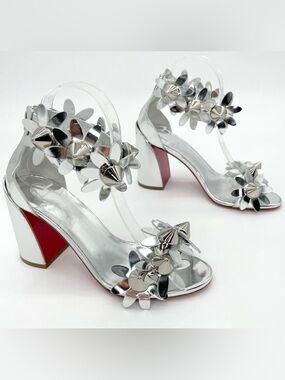 Christian Louboutin Daisy Spike Metallic Silver Ankle Cuff Sandals EU 37.5